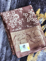 Load image into Gallery viewer, Floral x Printed Saree x Champagne border - Brown
