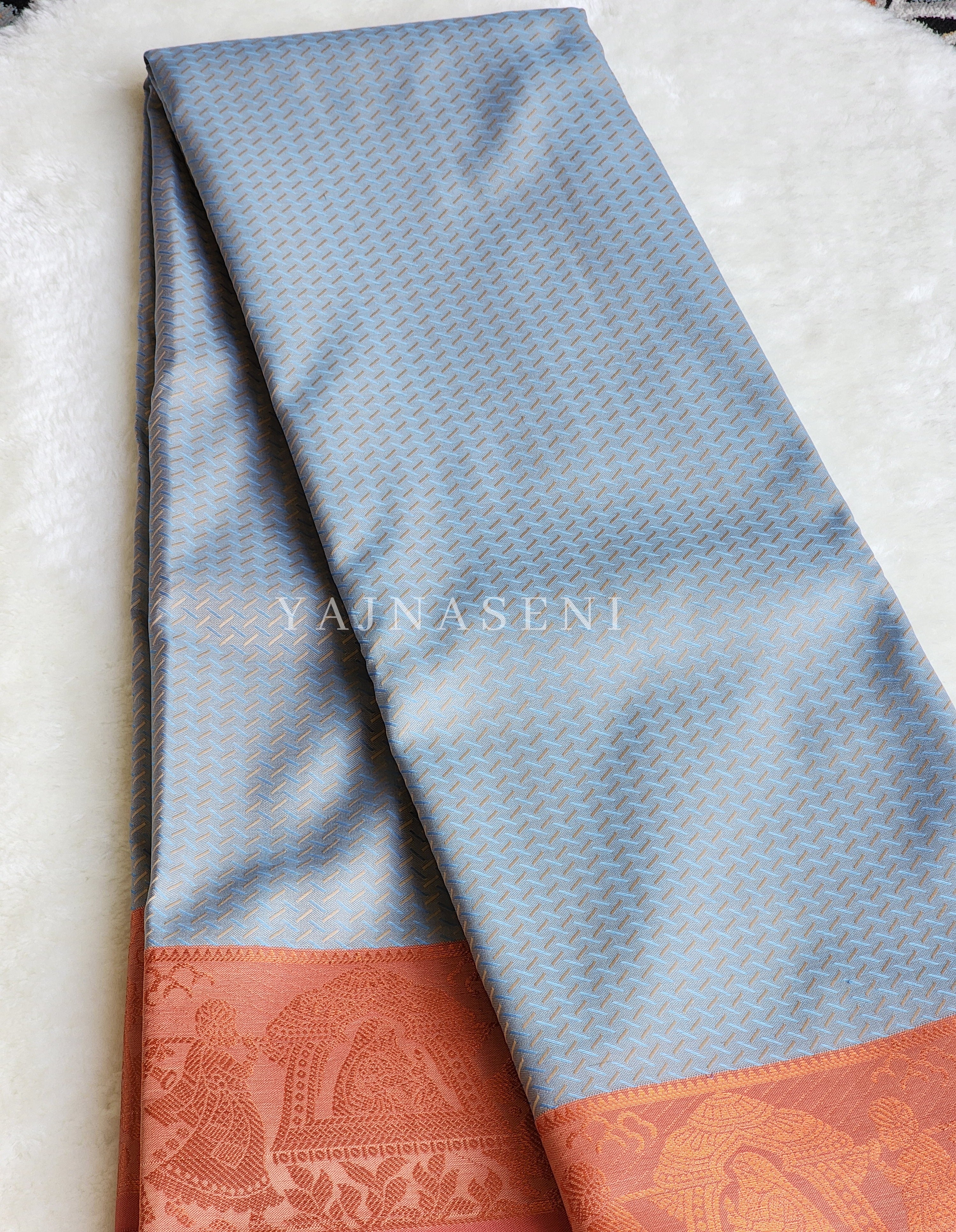 Pallakku series - Soft Semi Silk Saree : Powder Blue x Orange