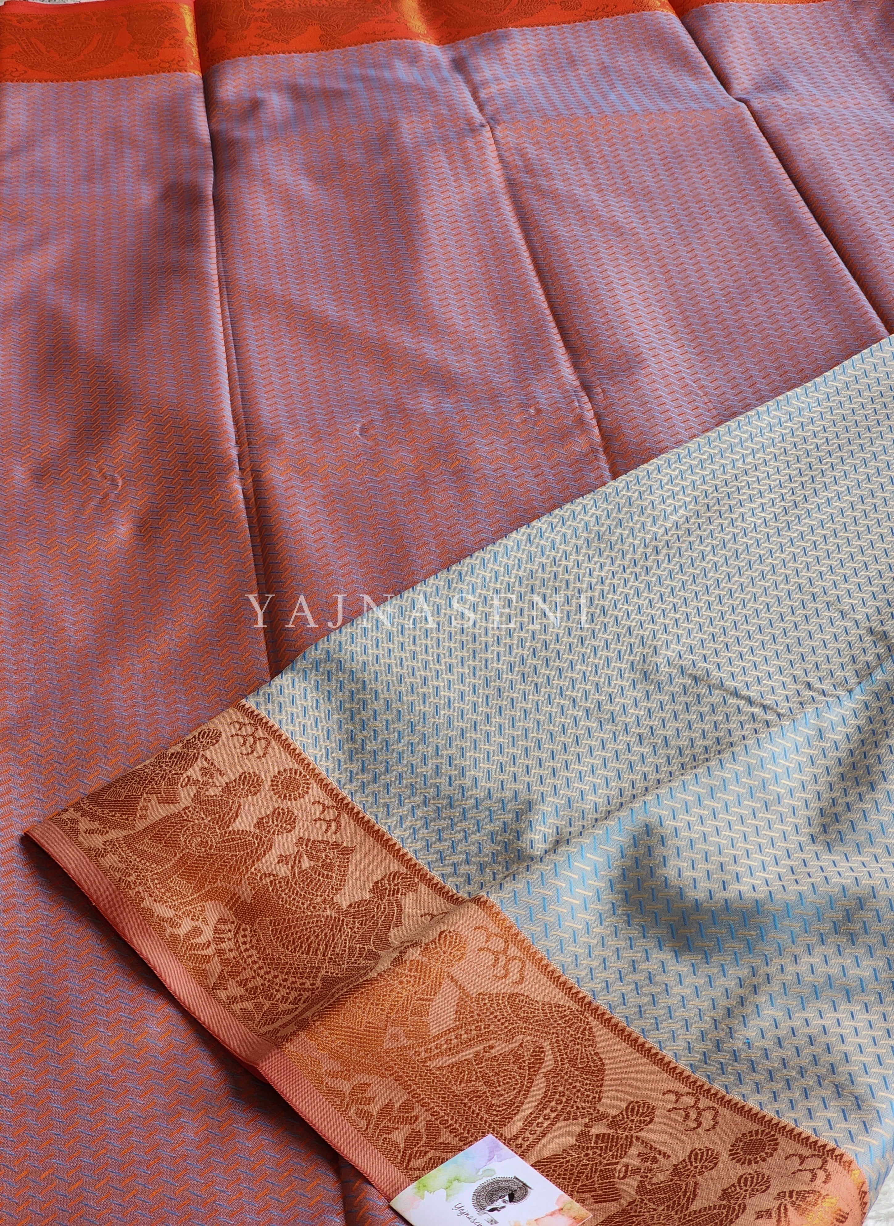 Pallakku series - Soft Semi Silk Saree : Powder Blue x Orange