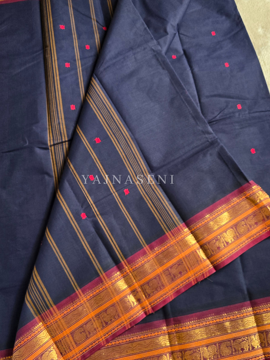 Kanchi Cotton Saree : Midnight Blue x Maroon  Yajnaseni