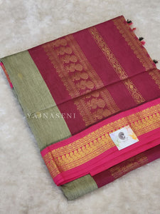 Kalyani Cotton Saree : Sage x Berry x Pink