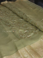 Load image into Gallery viewer, Organza silk pastel saree x sequins - Green Tea

