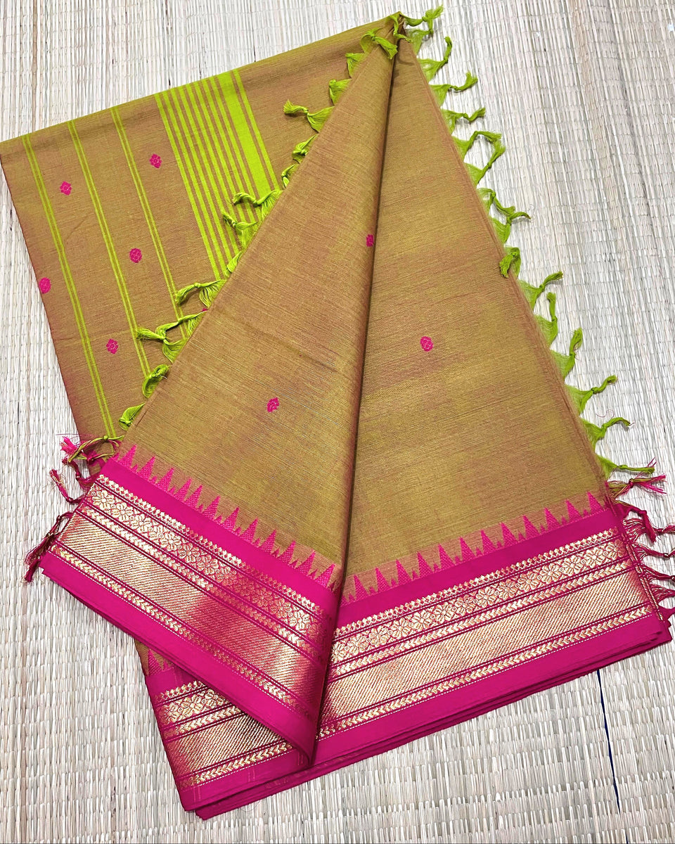 Kanchi Cotton Saree x Thin Border : Burnt Orange x Maroon main image 0