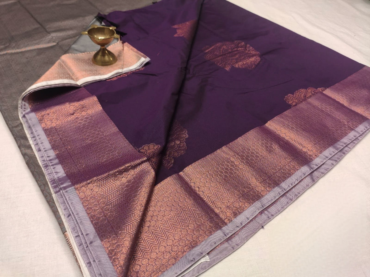 Semi Soft Silk Saree x Gold Zari - Olive x Pink x Purple