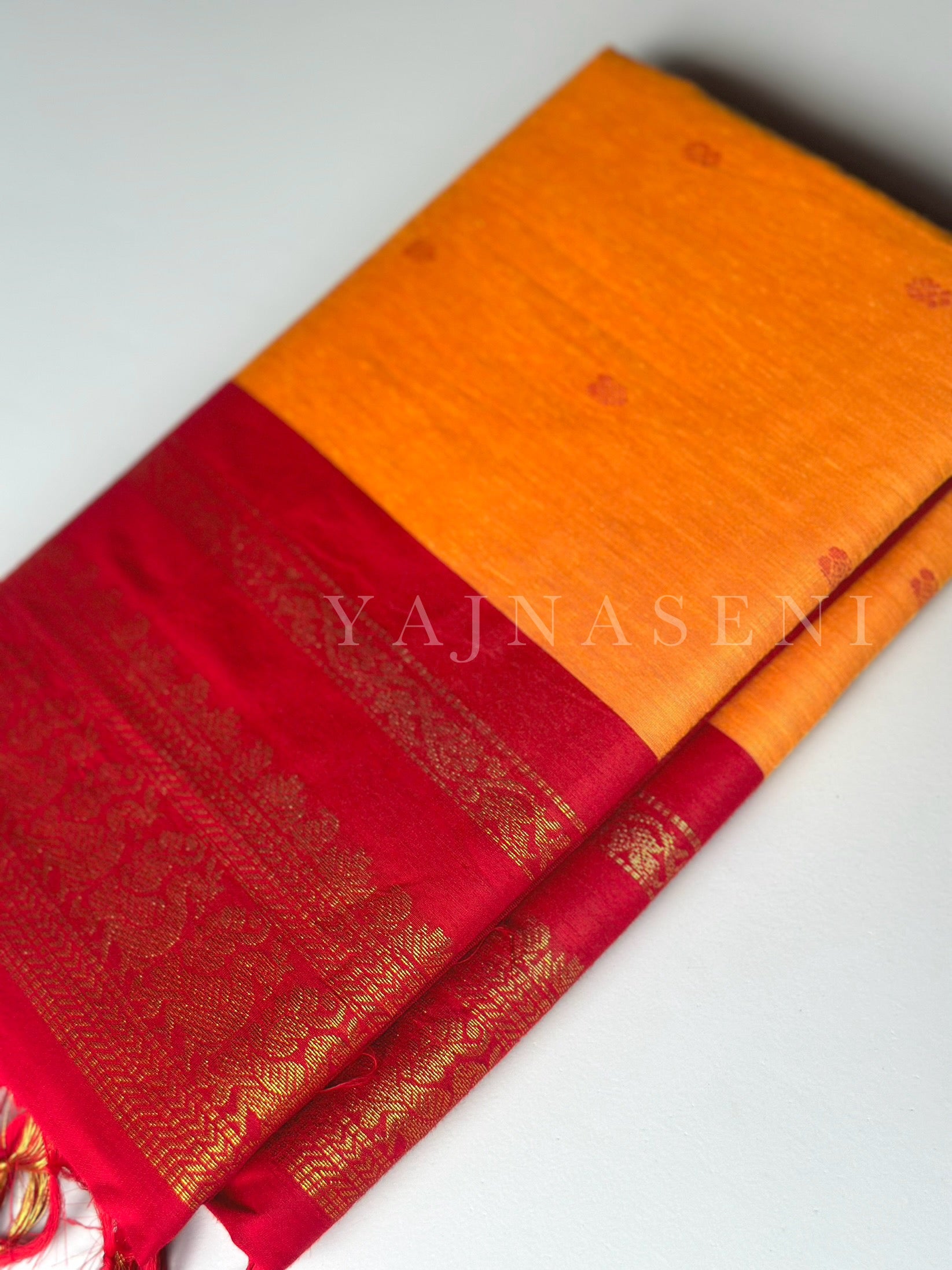 Kalyani Cotton Saree - Gold Zari : Sandalwood x Red
