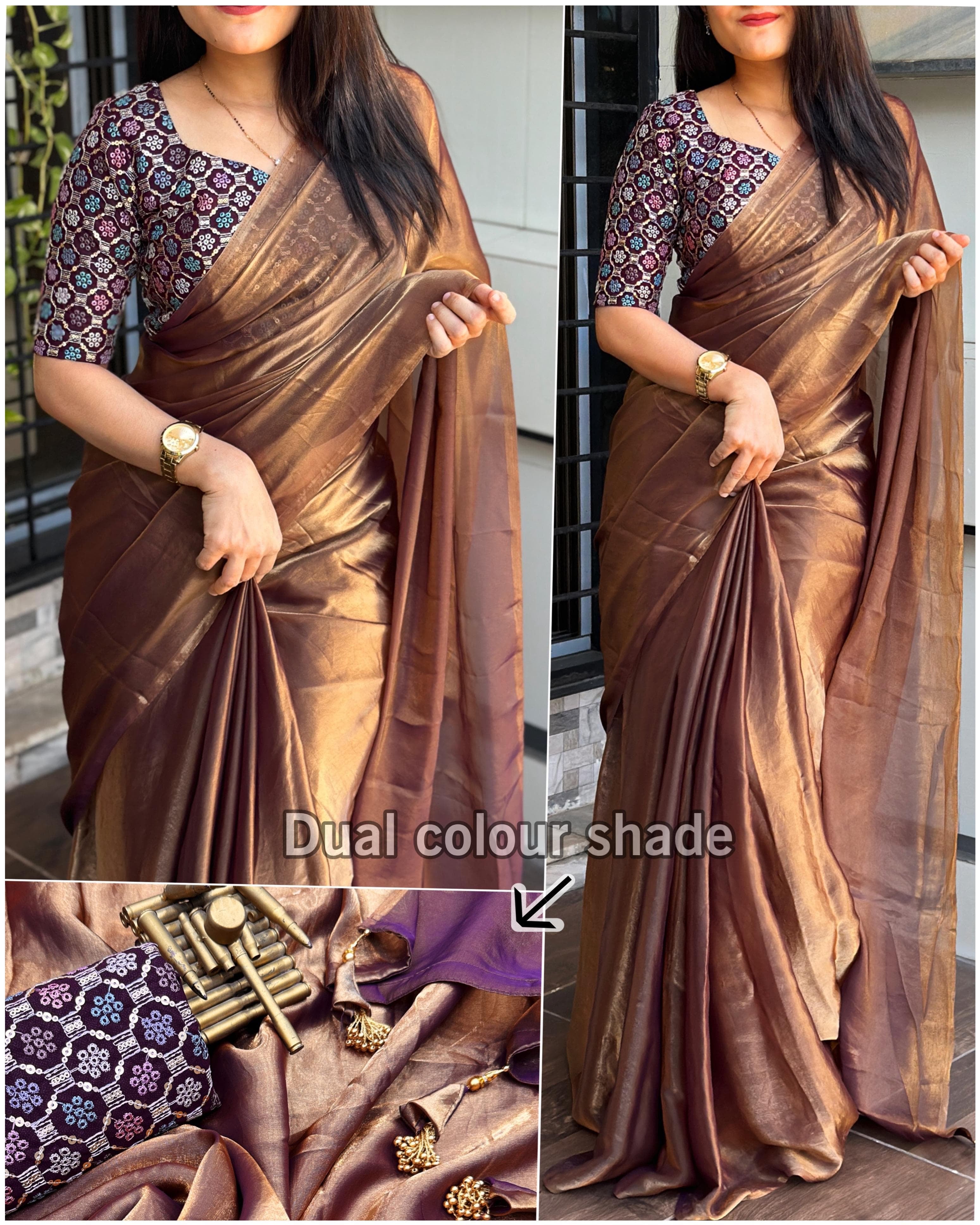 Tissue x Satin Saree - Copper