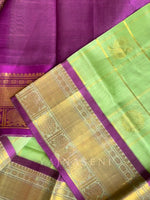 Load image into Gallery viewer, Mayil Chakram x Kattam Silk Cotton Saree : Light Green x Purple
