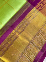 Load image into Gallery viewer, Mayil Chakram x Kattam Silk Cotton Saree : Light Green x Purple
