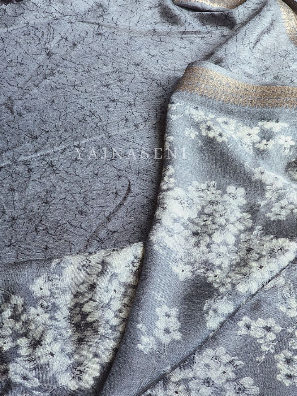 Floral x Printed Saree x Champagne border - Grey