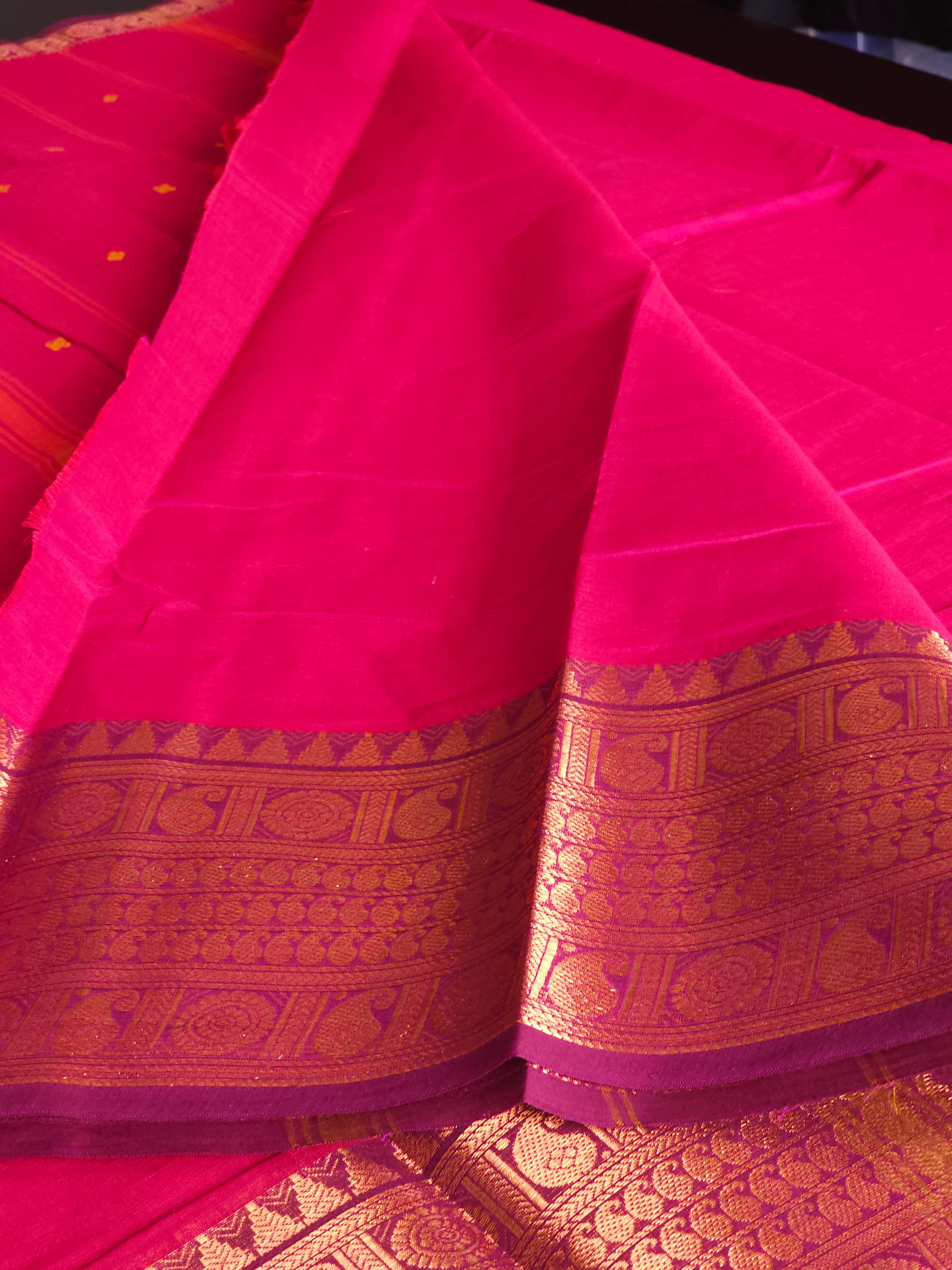 Kanchipuram Pure Cotton x Copper zari saree - Magenta x Plum