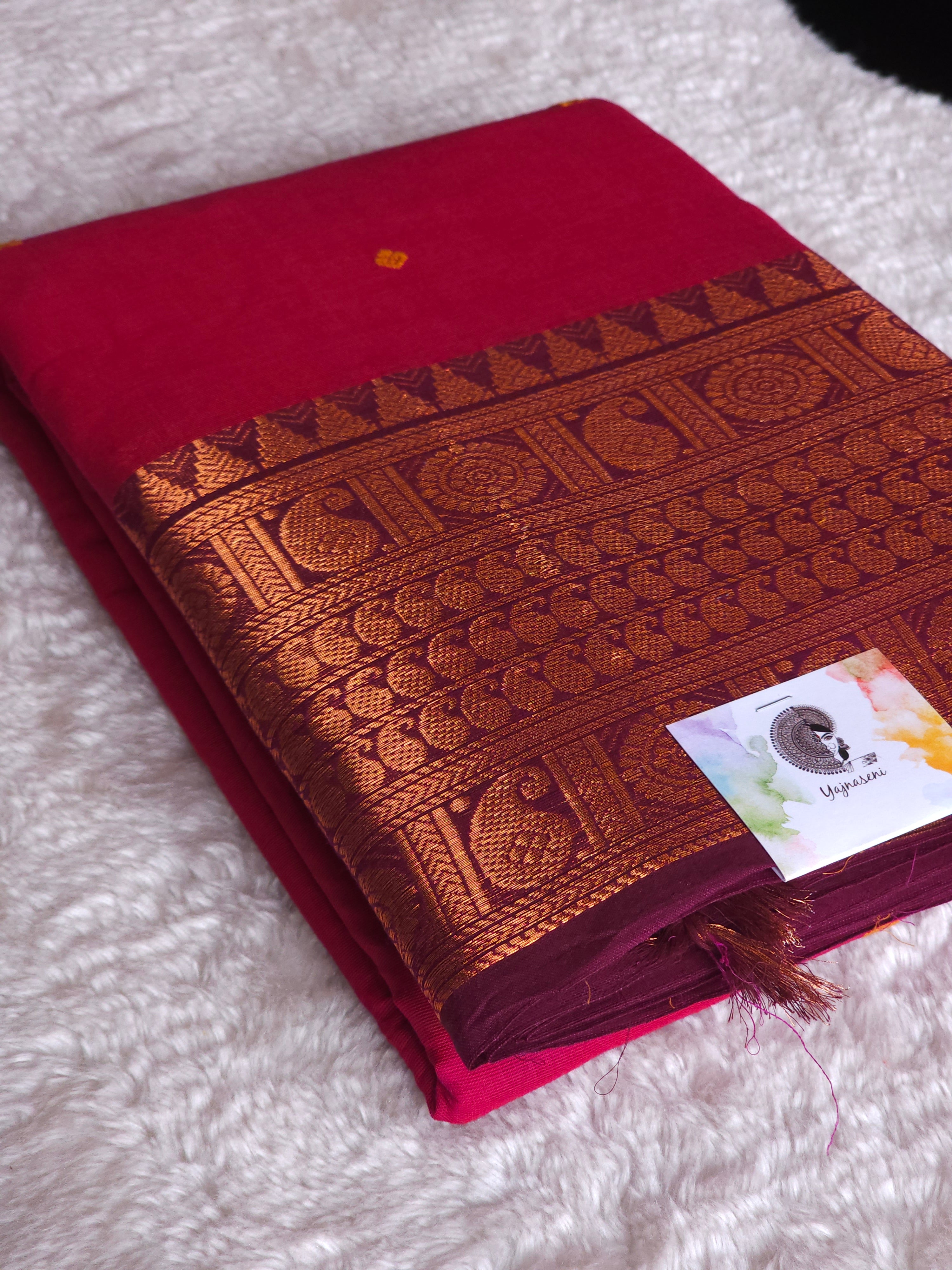 Kanchipuram Pure Cotton x Copper zari saree - Magenta x Plum