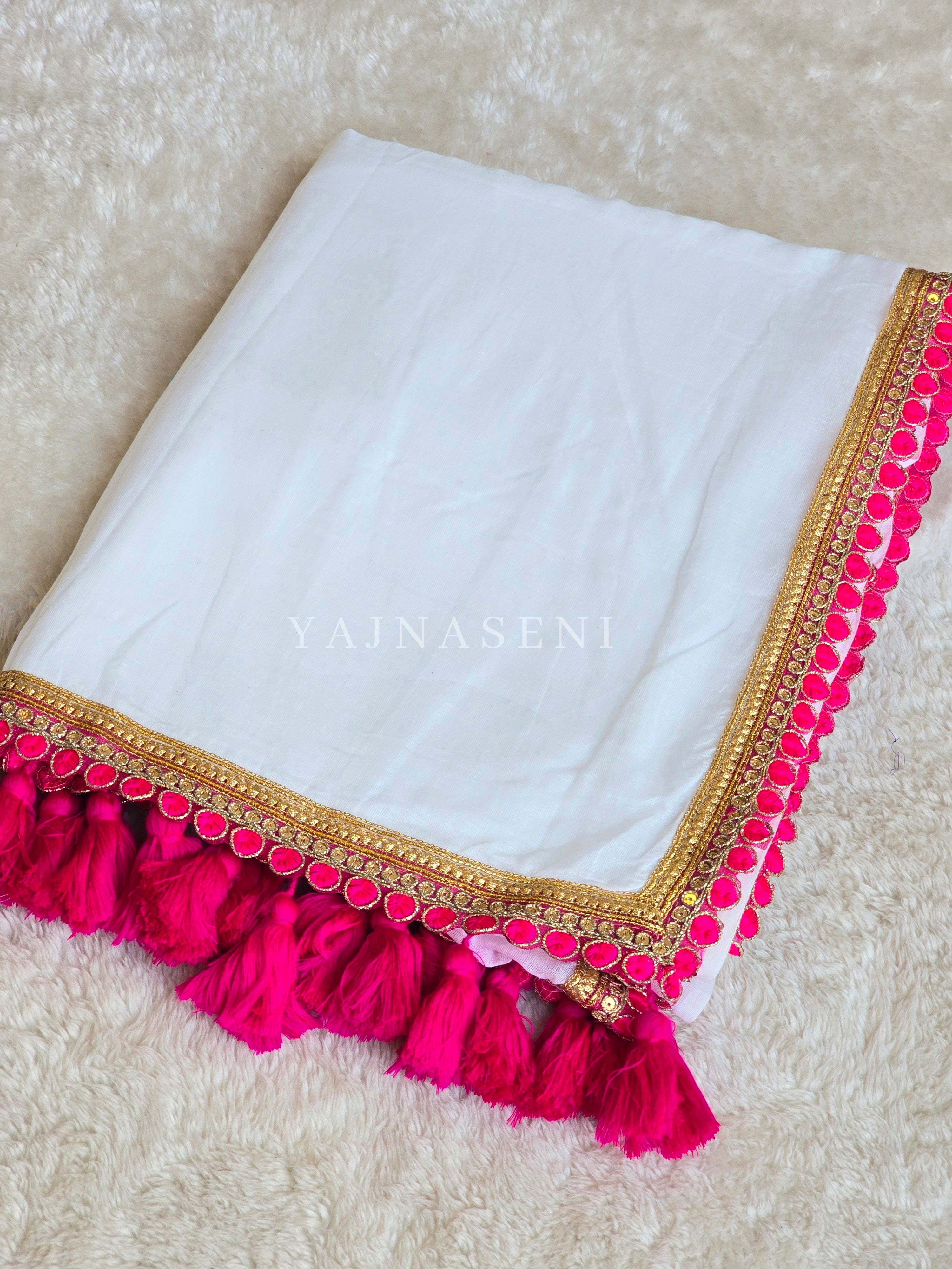 Mulmul Cotton x PomPom Saree : White x Hot Pink