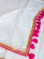 Load image into Gallery viewer, Mulmul Cotton x PomPom Saree : White x Hot Pink
