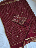 Load image into Gallery viewer, Checkered Viscose Georgette Saree x Embroidered Elephant Blouse : Deep Maroon
