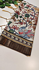 Load image into Gallery viewer, Soft Tussar Saree x Printed Kalamkari : Floral Peacock
