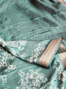 Floral x Printed Saree x Champagne border - Green