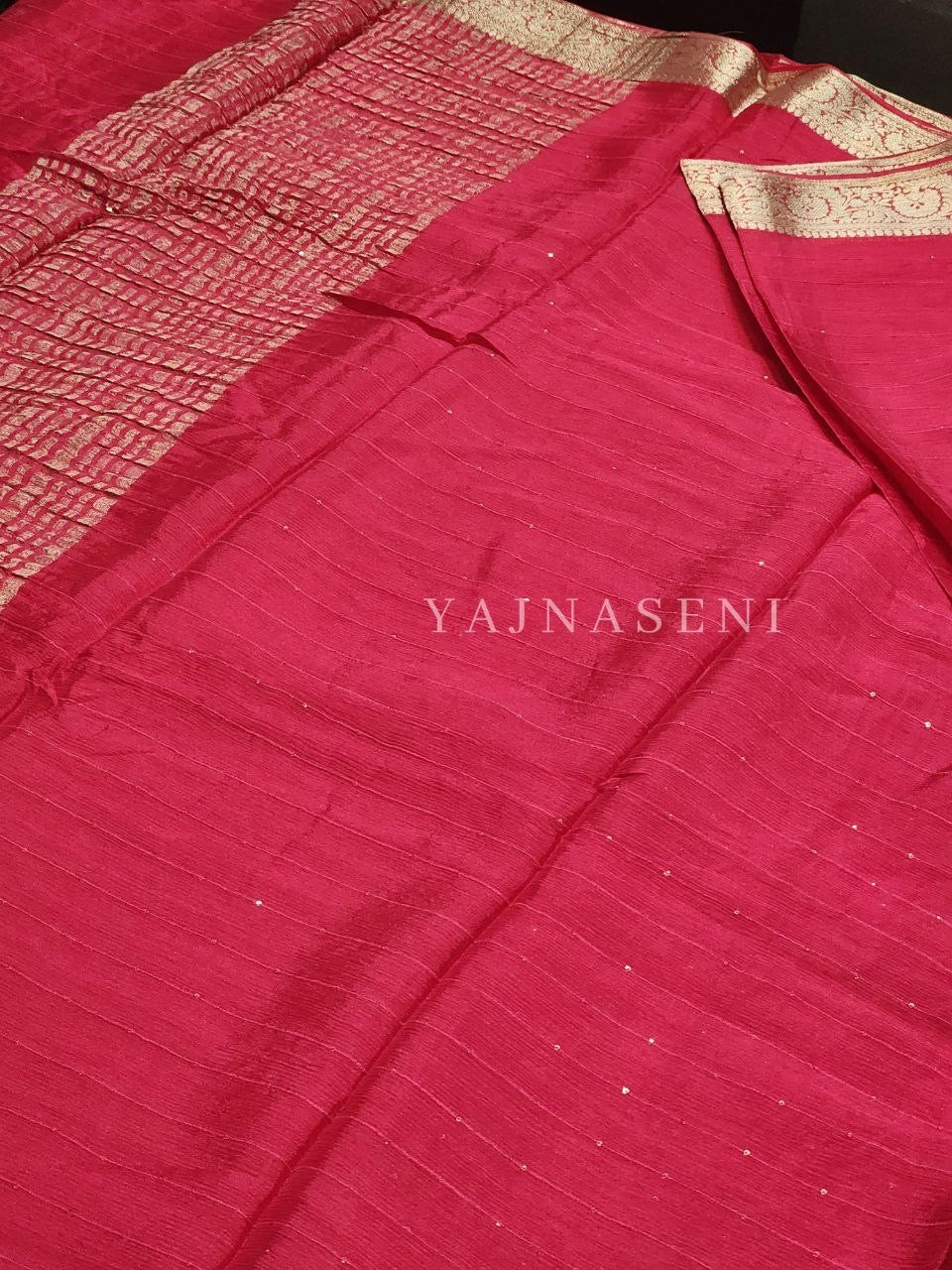 Georgette Sequins Saree x Champagne Gold border : Pink