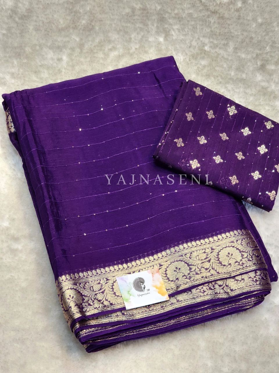 Georgette Sequins Saree x Champagne Gold border : Violet