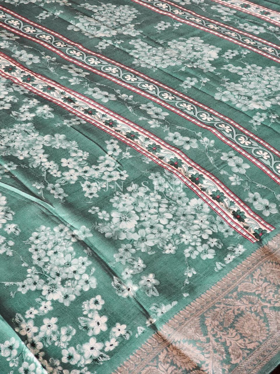 Floral x Printed Saree x Champagne border - Green