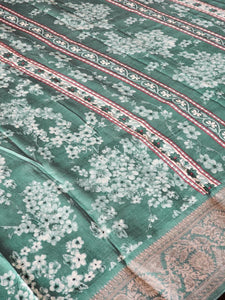 Floral x Printed Saree x Champagne border - Green