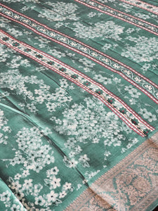 Floral x Printed Saree x Champagne border - Green