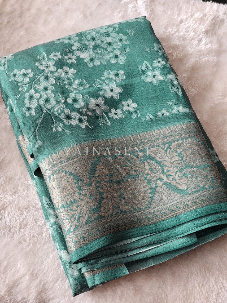 Floral x Printed Saree x Champagne border - Green