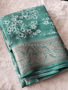 Floral x Printed Saree x Champagne border - Green