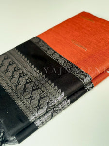 Kalyani Cotton Saree - Silver Zari : Orange x Black