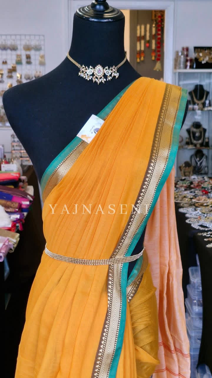 Narayanpet Mercerised Cotton Saree x Thin Border : Mango x Green