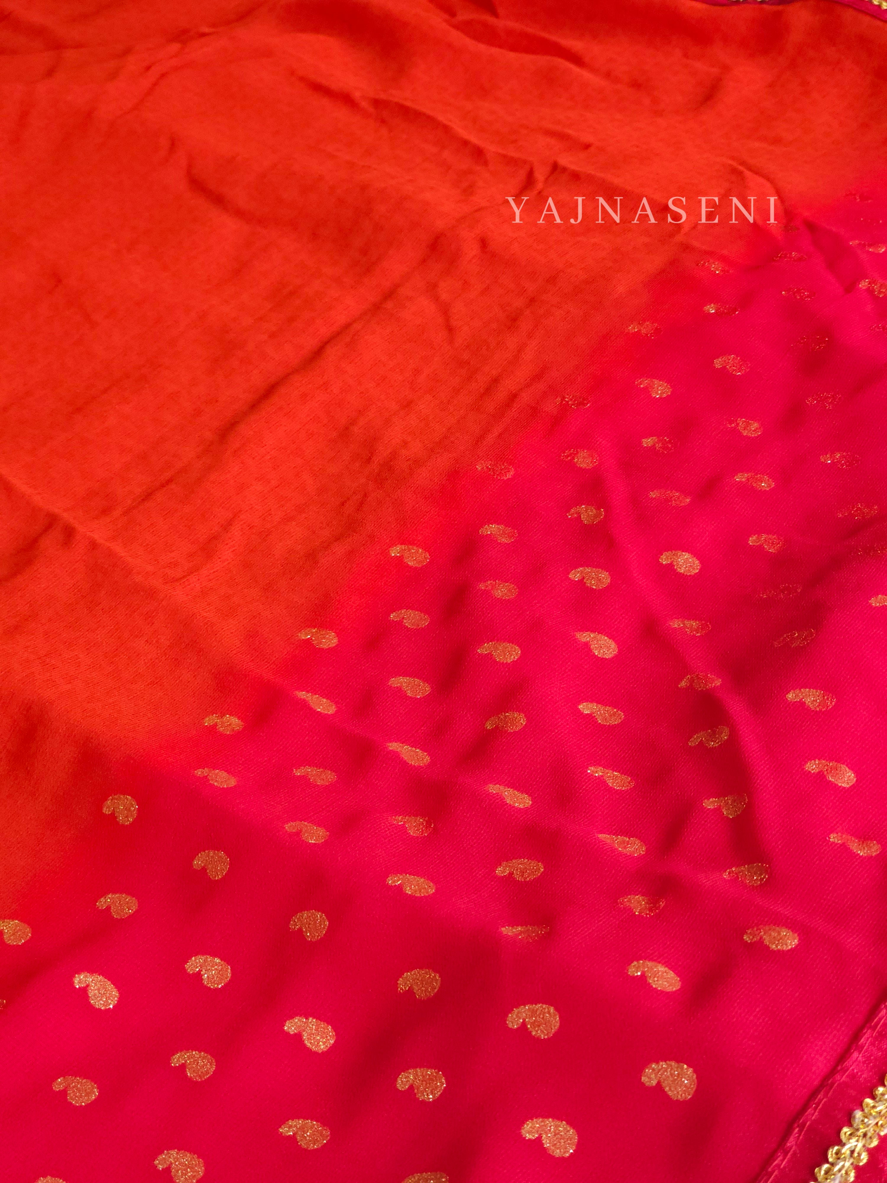 Georgette saree x Glitter prints - Orange x Pink