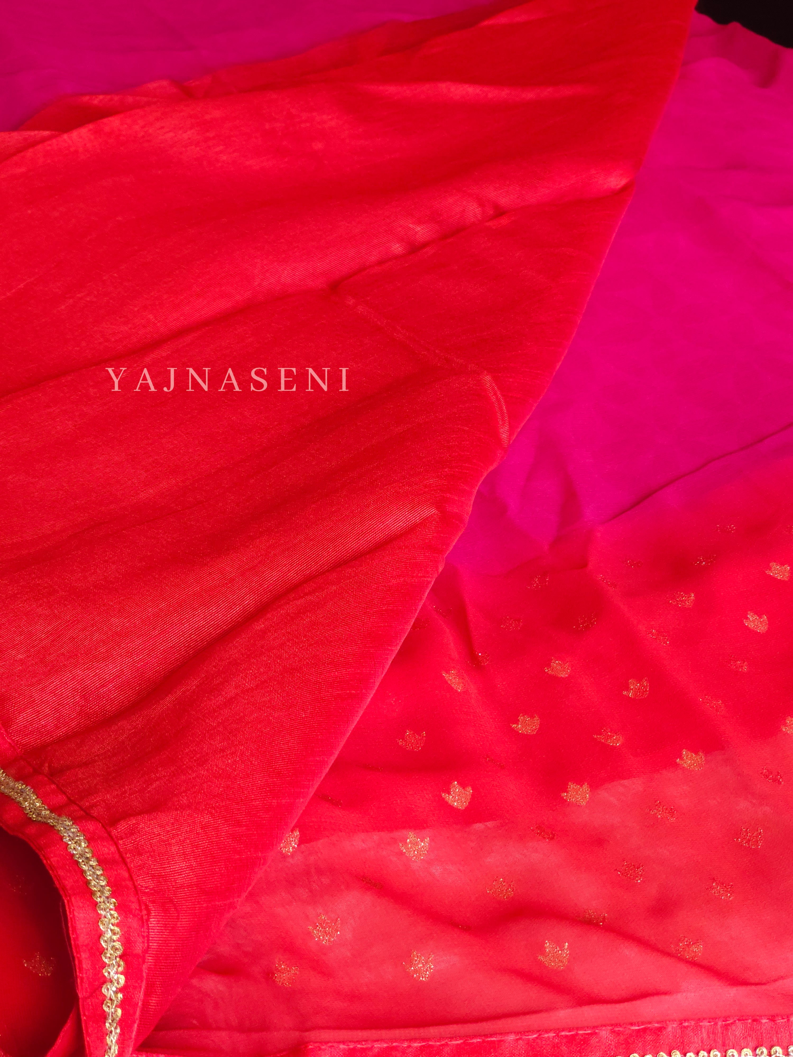 Georgette saree x Glitter prints - Pink x Red