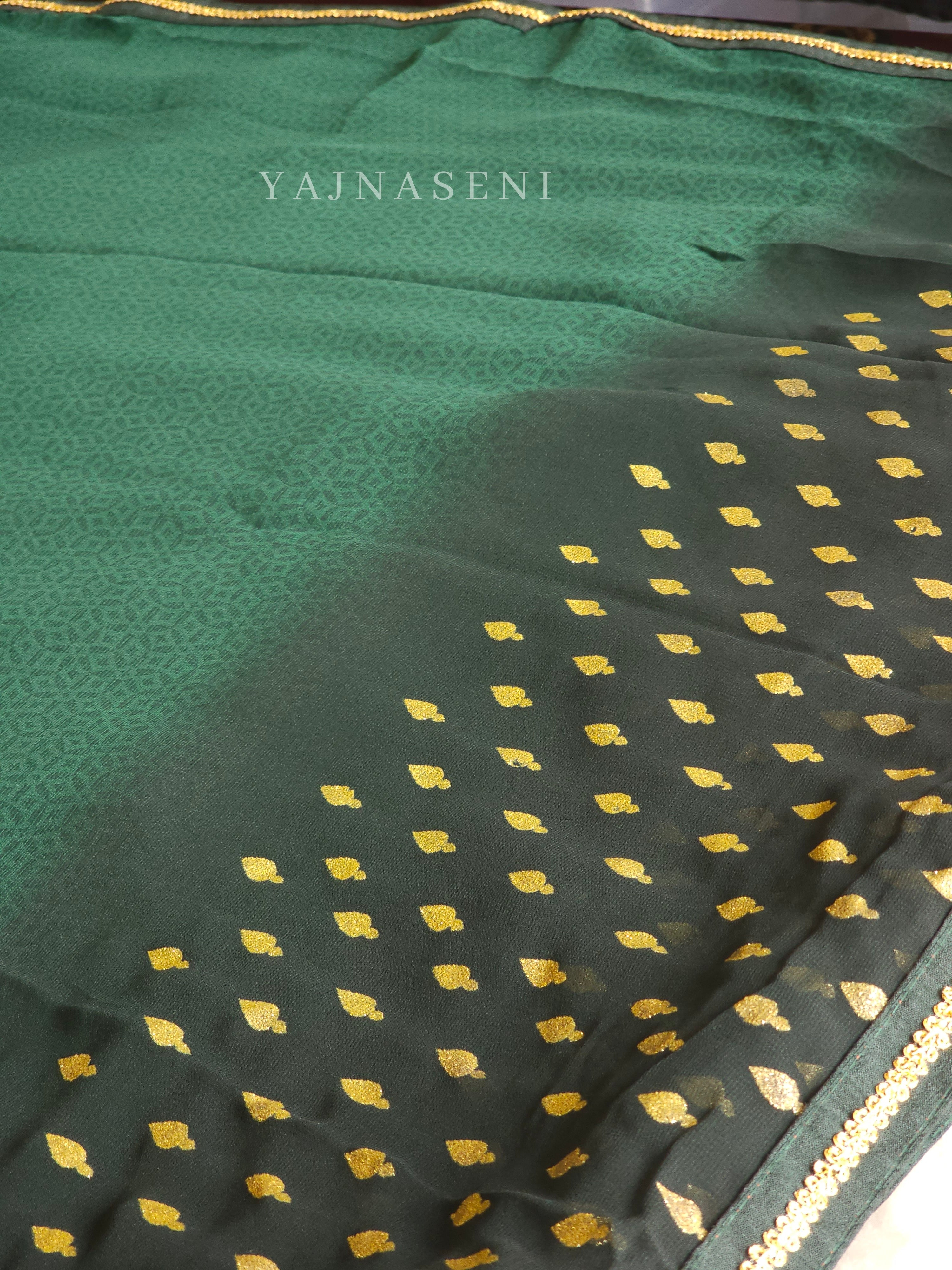 Georgette saree x Glitter prints - Green Ombre