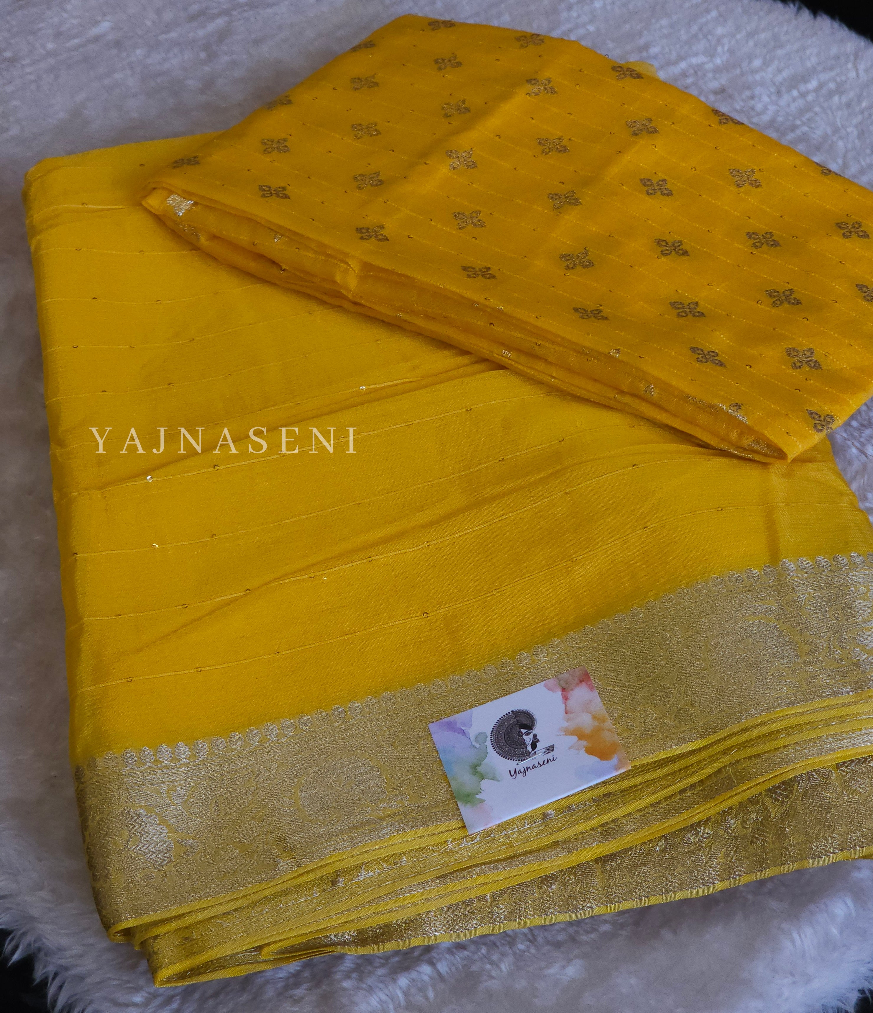 Georgette Sequins Saree x Champagne Gold border : Yellow