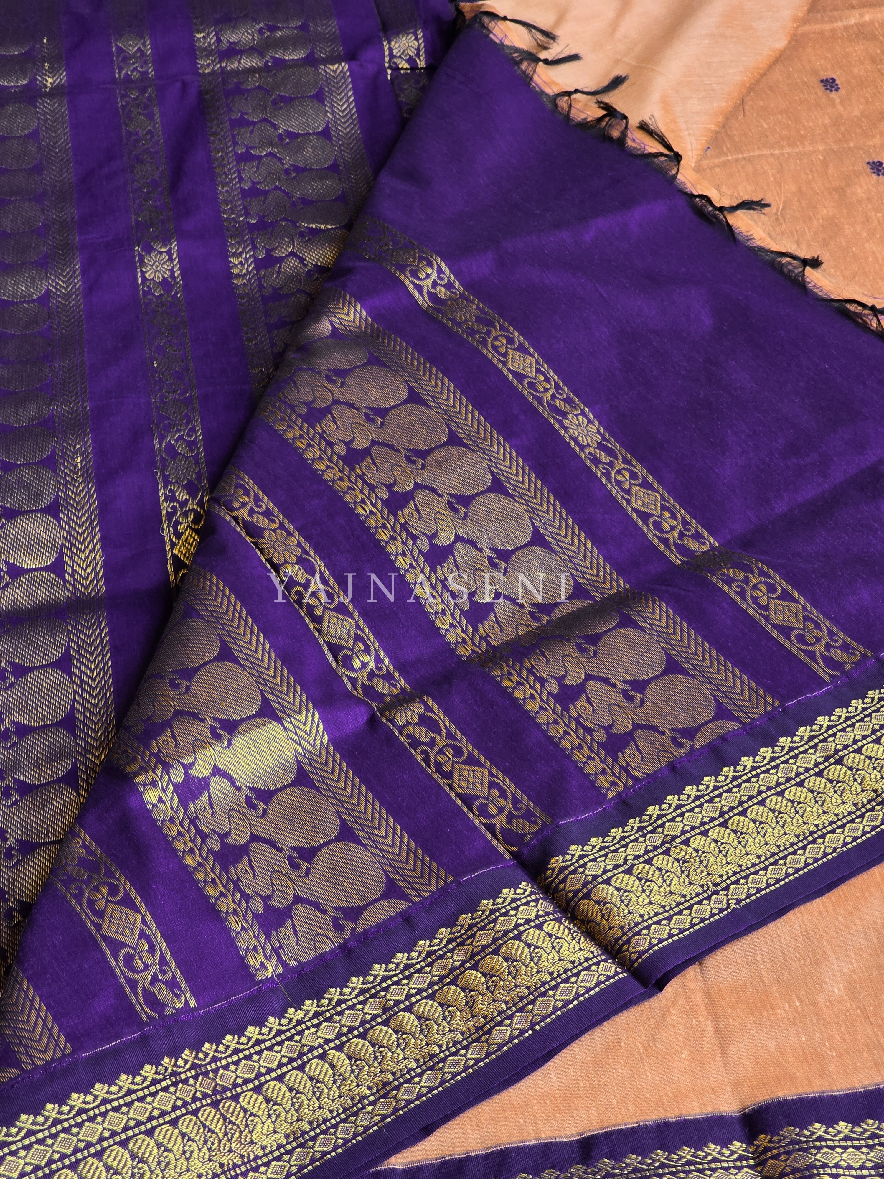 Kalyani Cotton Saree - Gold Zari : Soft Brown x Dark Purple