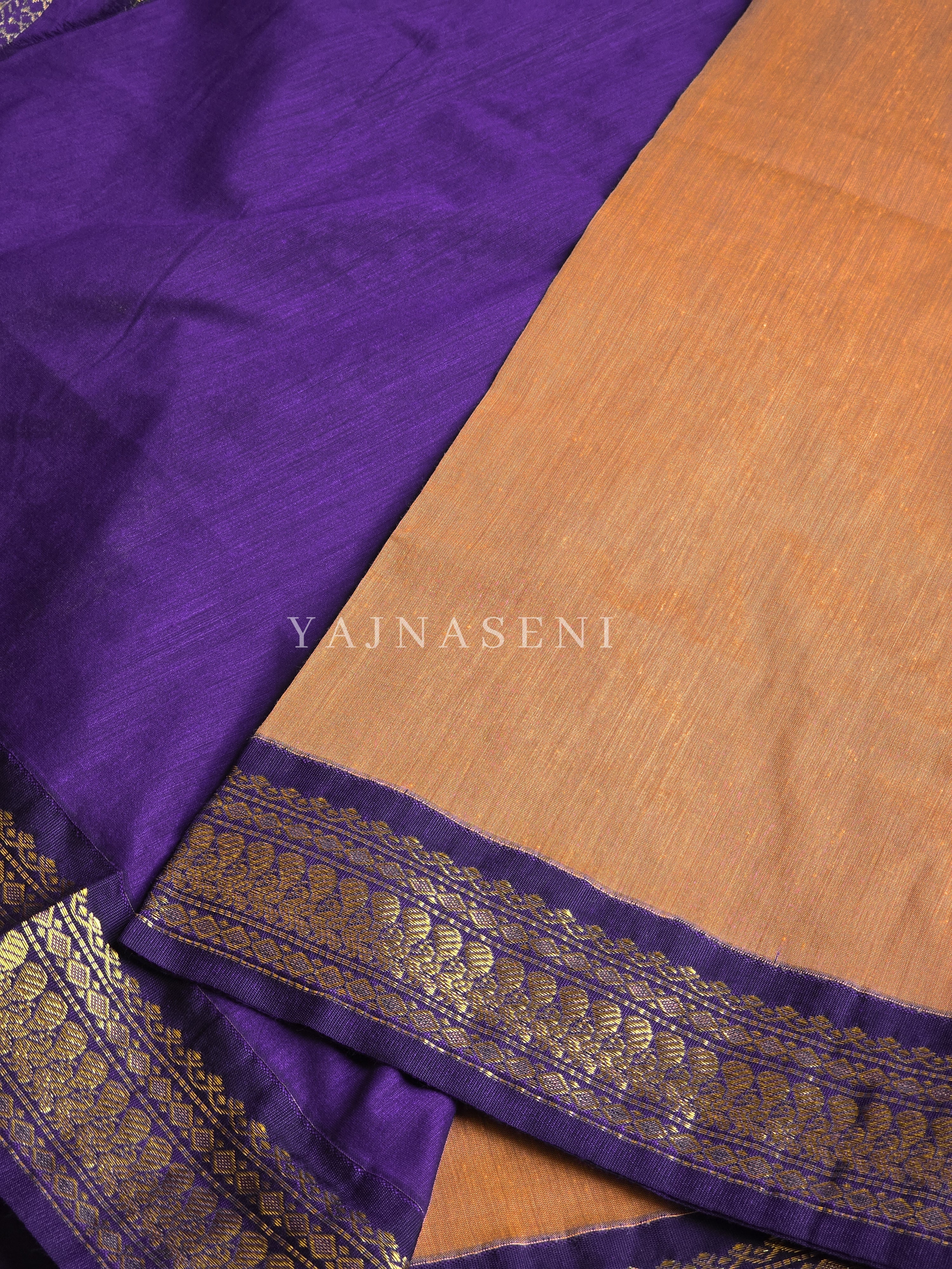 Kalyani Cotton Saree - Gold Zari : Soft Brown x Dark Purple