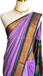 Load image into Gallery viewer, Kalyani Cotton Saree - Copper Zari : Dark Lavender x Dark Green
