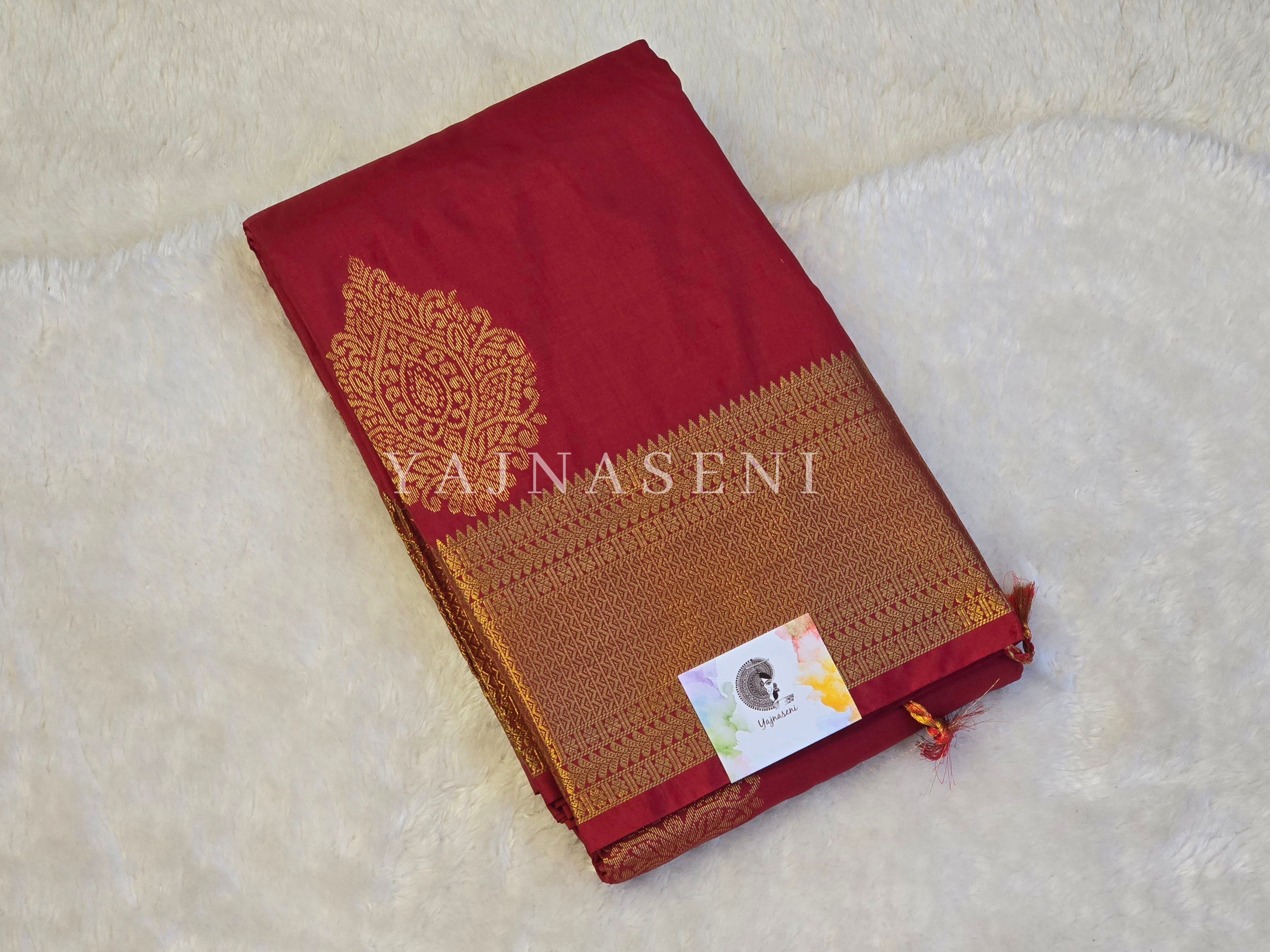 Semi Kanchi Silk x Gold Zari Saree - Crimson
