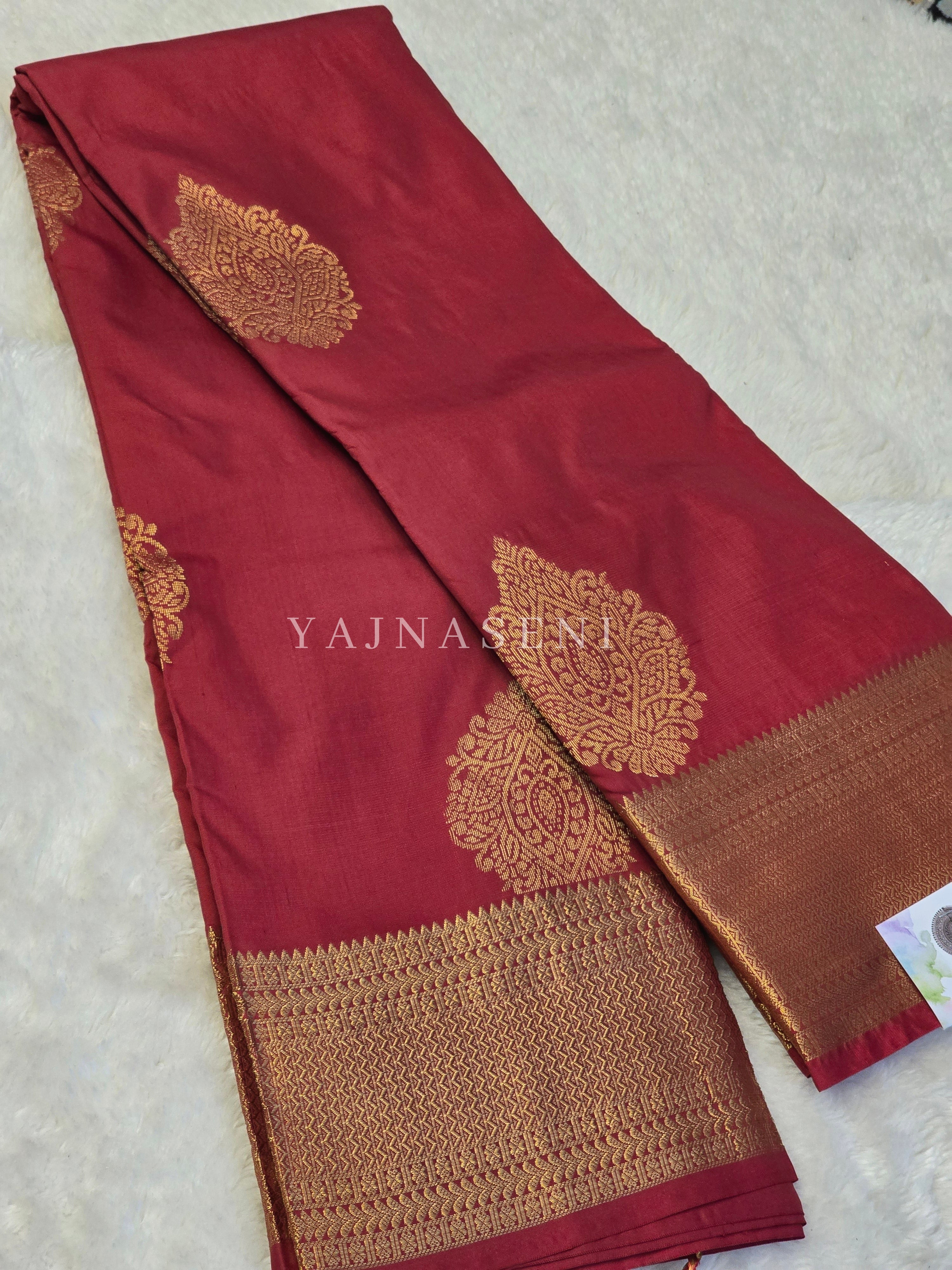 Semi Kanchi Silk x Gold Zari Saree - Crimson