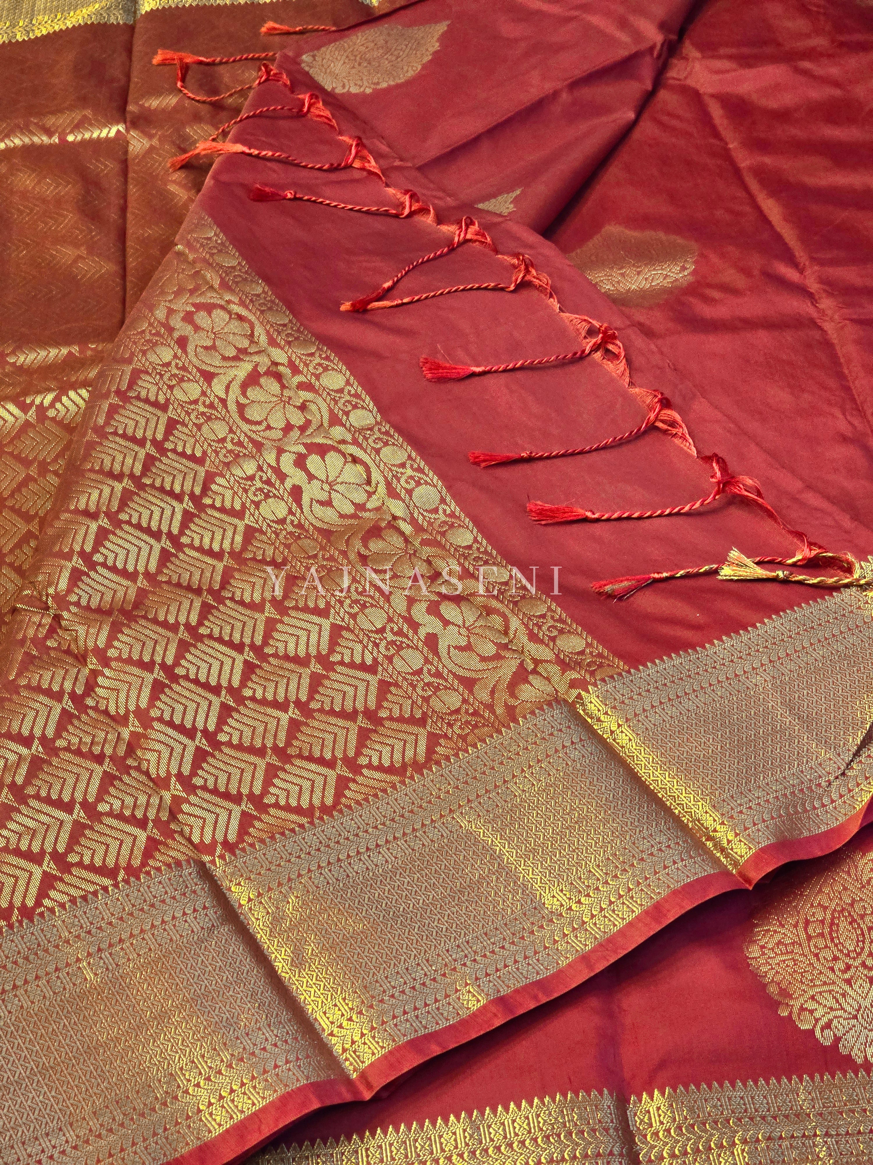 Semi Kanchi Silk x Gold Zari Saree - Crimson