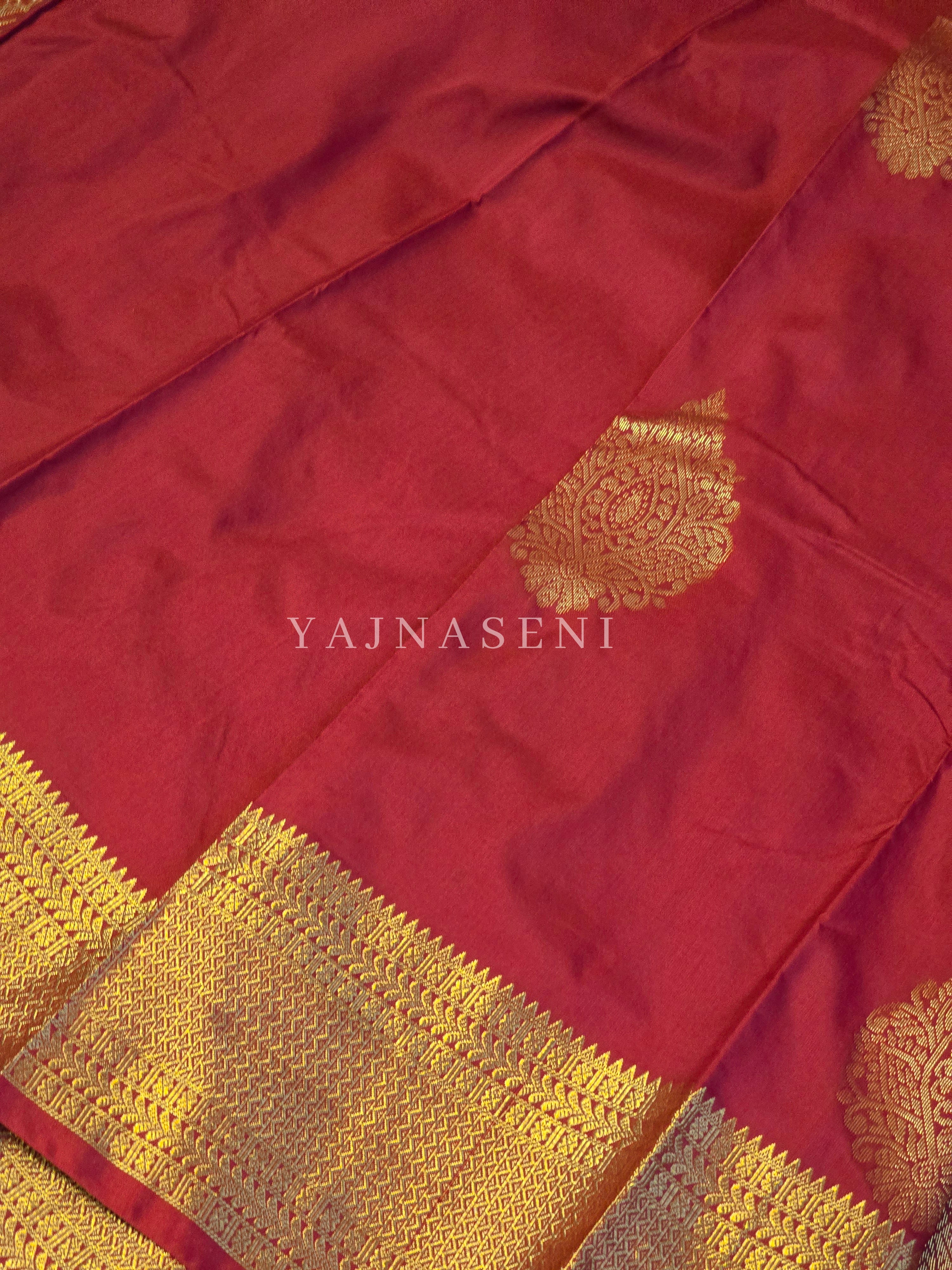 Semi Kanchi Silk x Gold Zari Saree - Crimson