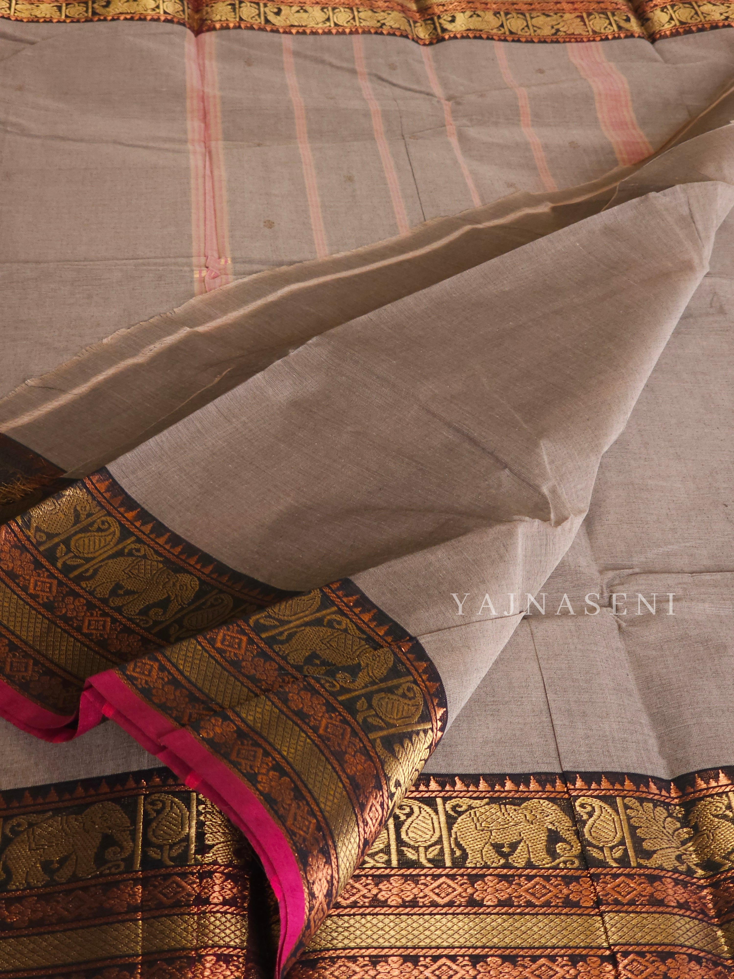 Kanchipuram Pure Cotton Saree - Ash x Black