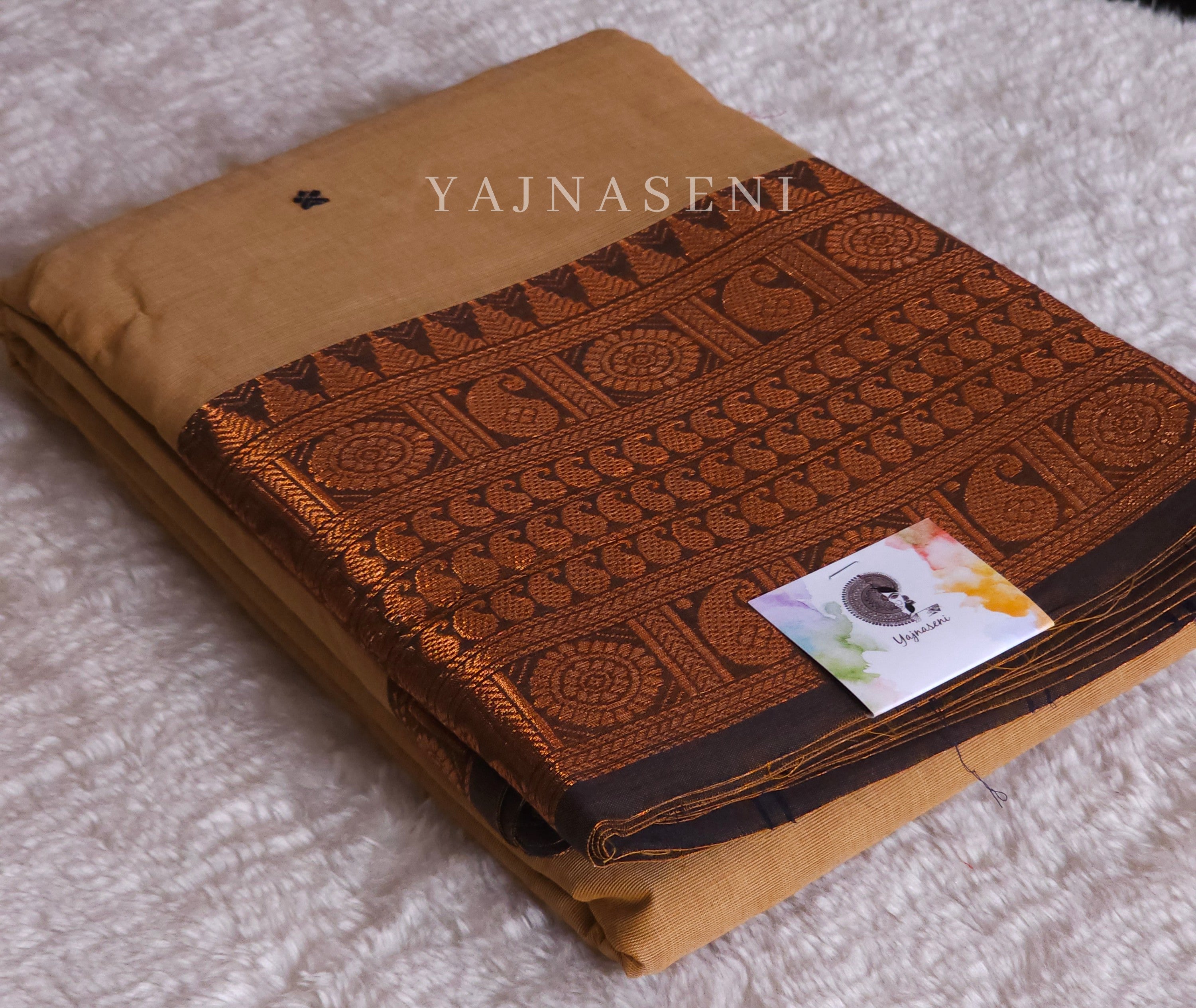Kanchipuram Pure Cotton x Copper zari saree - Latte
