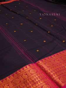 Kanchipuram Pure Cotton x Copper zari saree - Aubergine