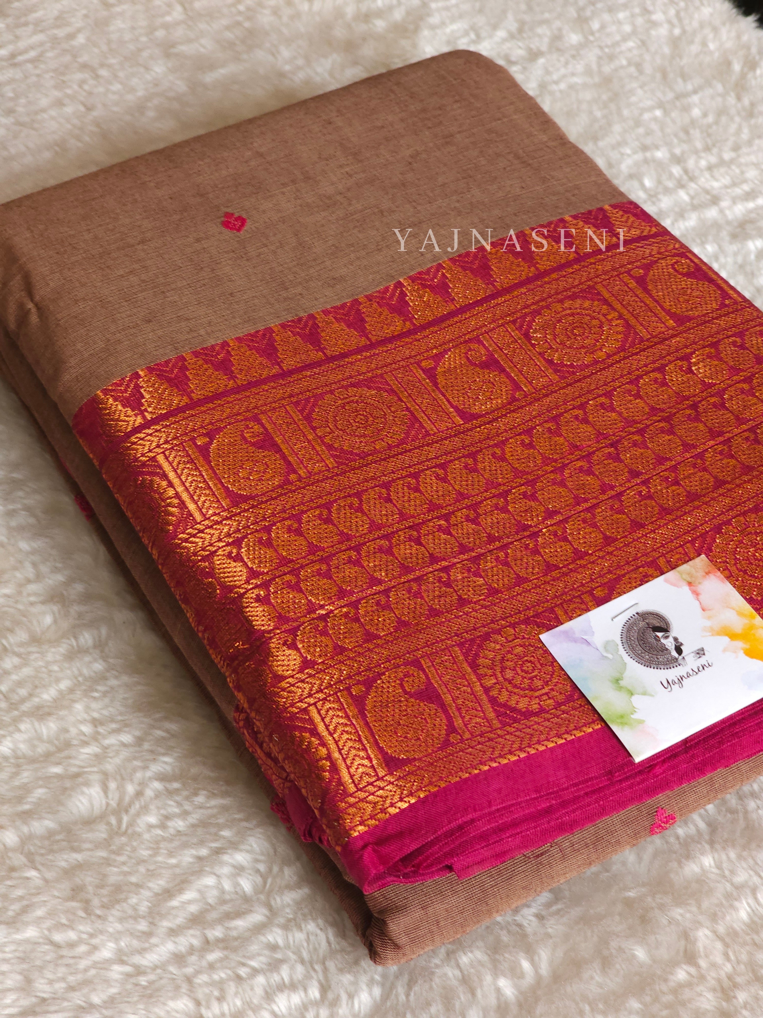 Kanchipuram Pure Cotton x Copper zari saree - Cinnamon x Berry