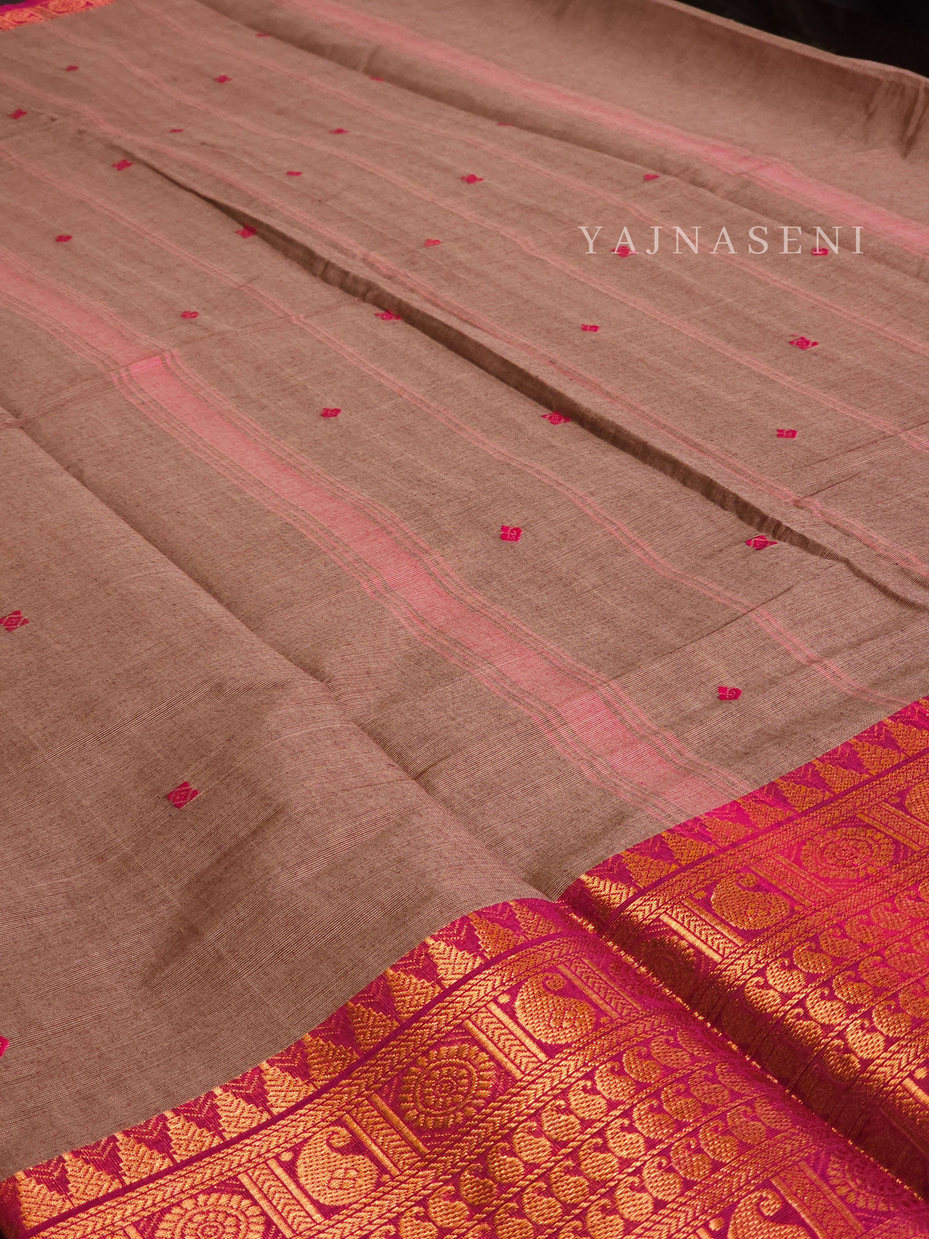 Kanchipuram Pure Cotton x Copper zari saree - Cinnamon x Berry