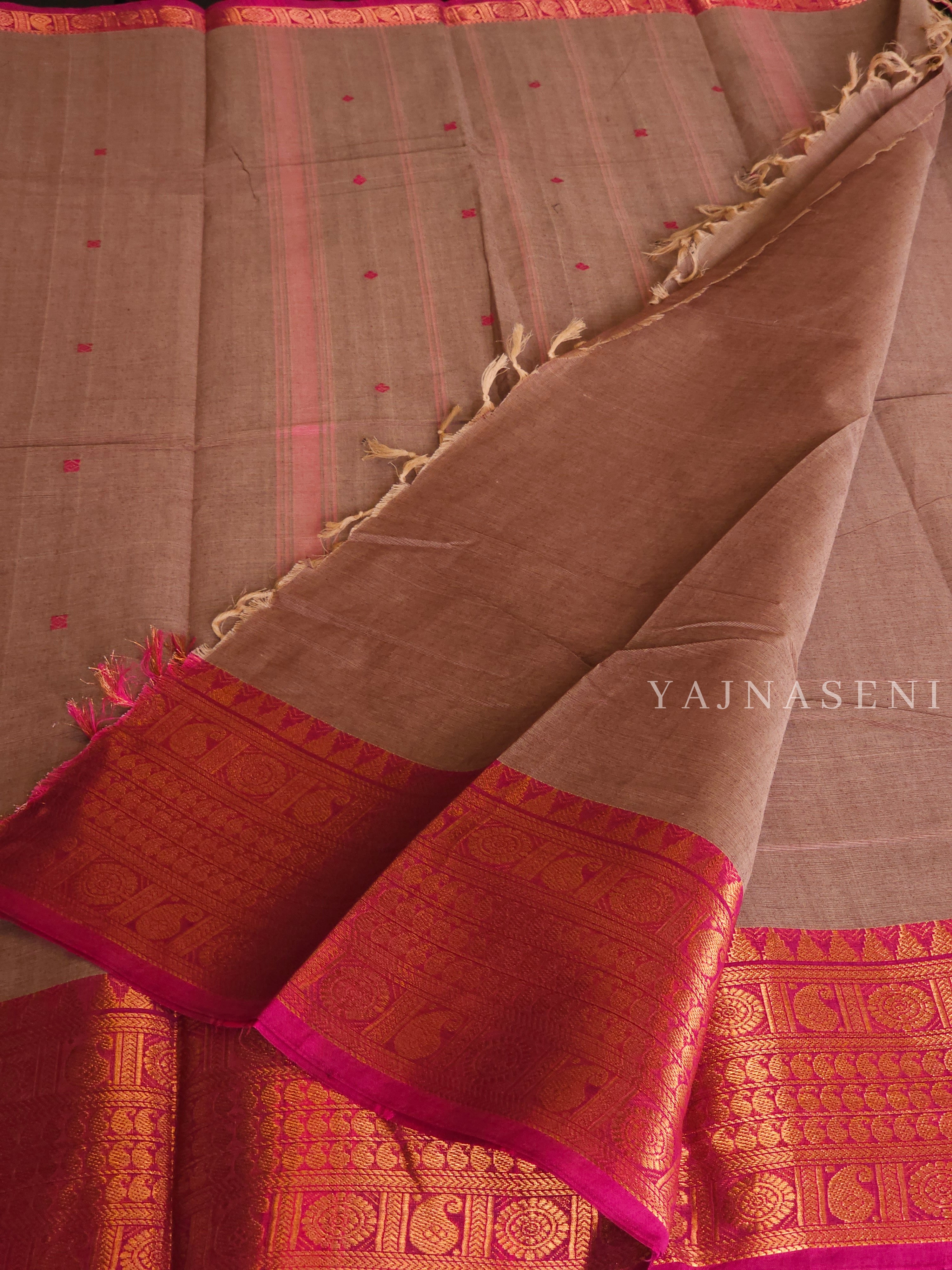 Kanchipuram Pure Cotton x Copper zari saree - Cinnamon x Berry