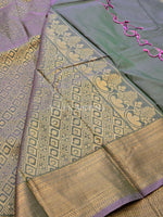 Load image into Gallery viewer, Semi Kanchi Silk x Gold Zari Saree - Sage (with purple undertones)
