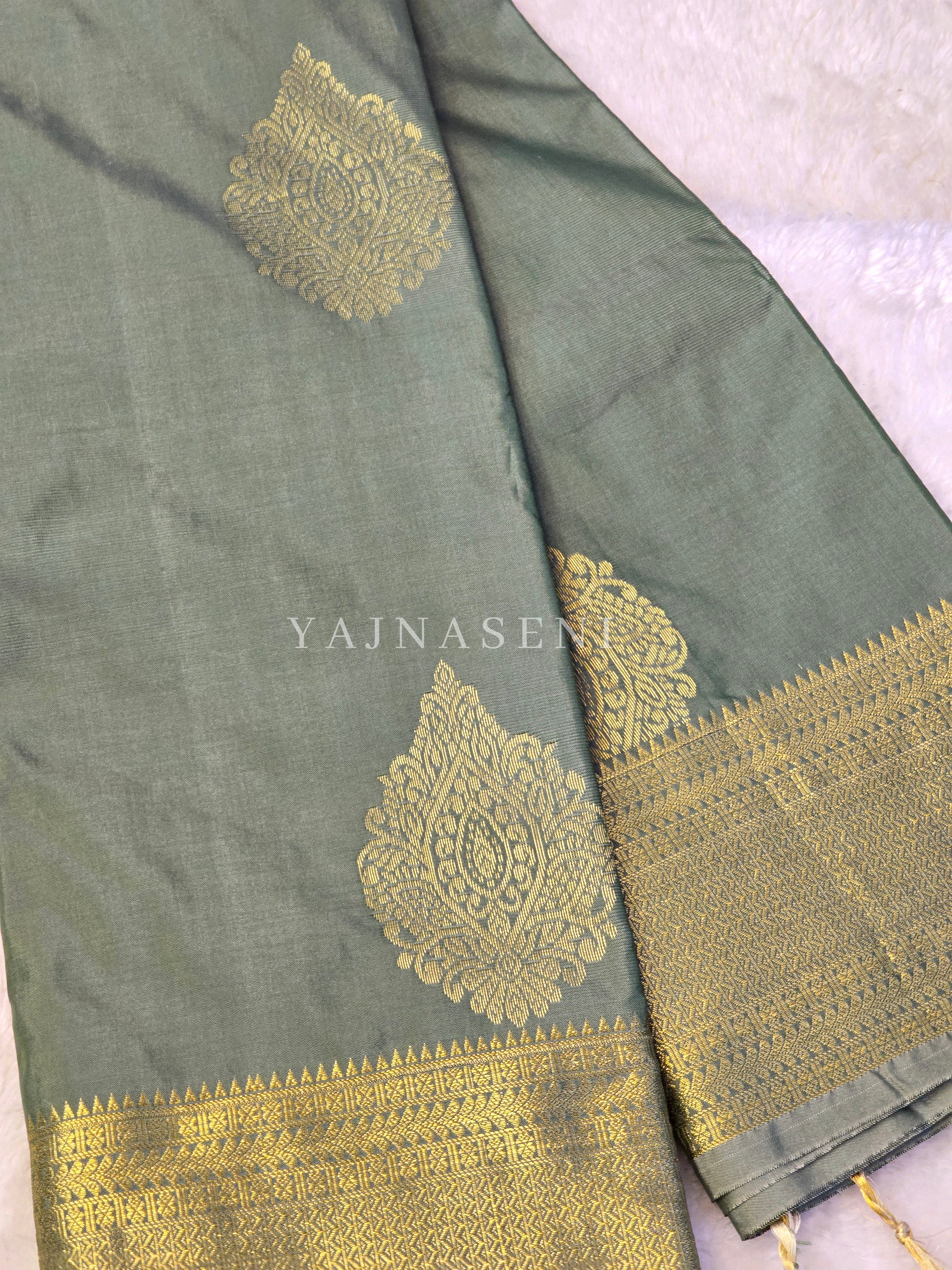 Semi Kanchi Silk x Gold Zari Saree - Sage