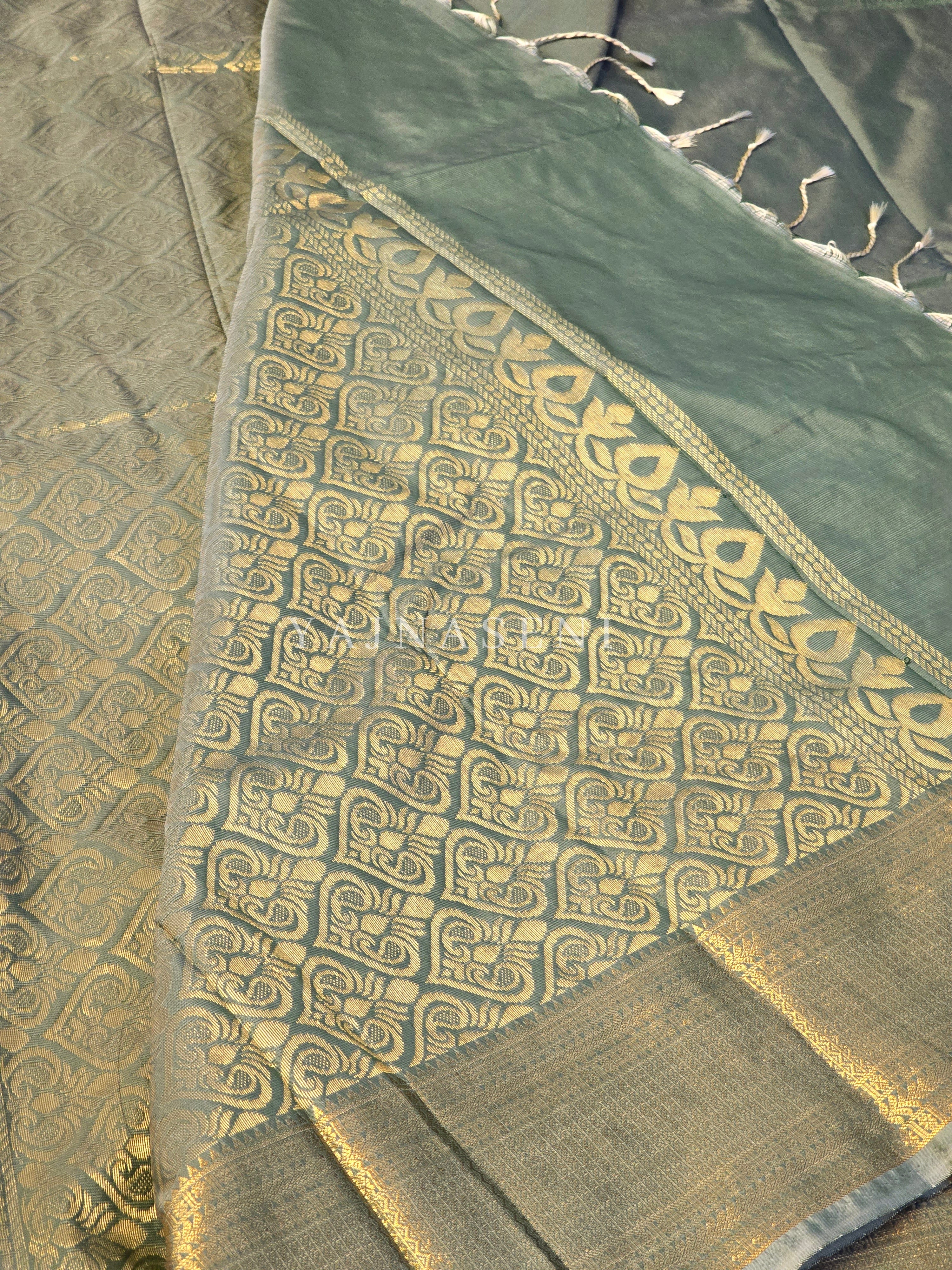 Semi Kanchi Silk x Gold Zari Saree - Sage