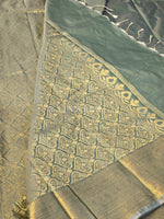 Load image into Gallery viewer, Semi Kanchi Silk x Gold Zari Saree - Sage
